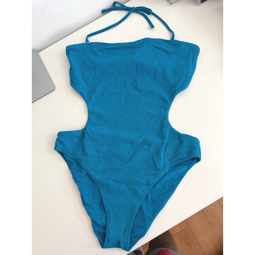 JMP The Label Womens Smocked Cut Out One Piece Swimsuit Teal Blue Large